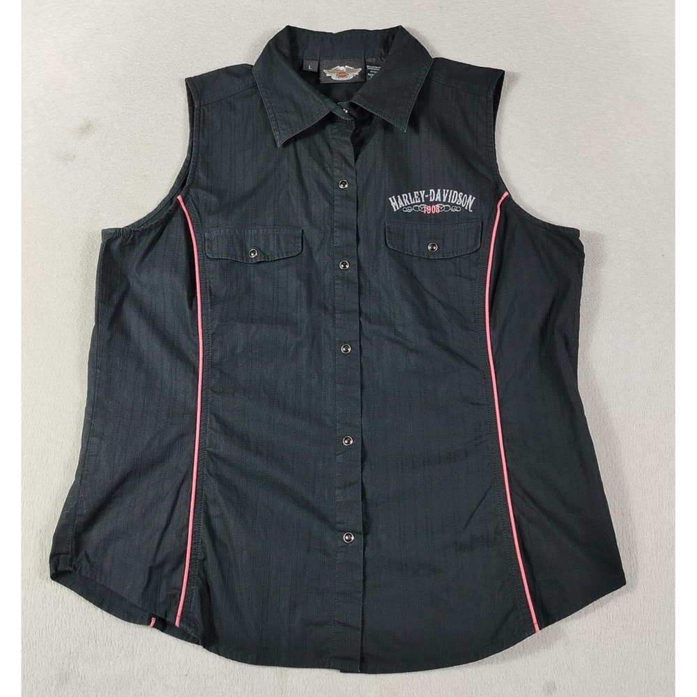 Harley-Davidson Shirt Womens Large Black Sleeveless Pearl Snap Moto Bikercore